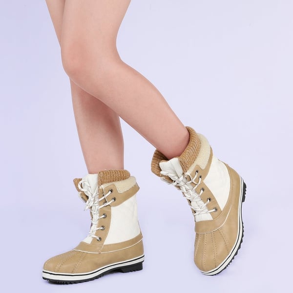 Mid Calf Lace Up Snow Boots - BEIGE WHITE - 1